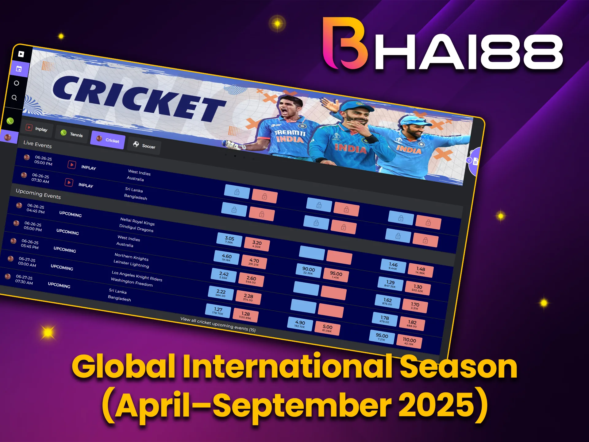 Bhai88 offers betting on Test ODI and T20 series with a constant selection of matches in the summer.