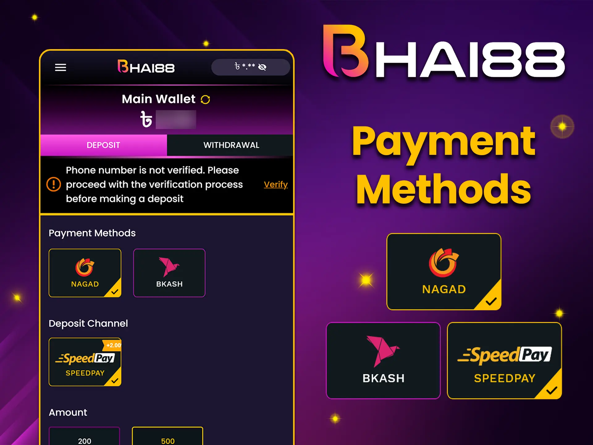 Supported payment methods on the Bhai88 website.