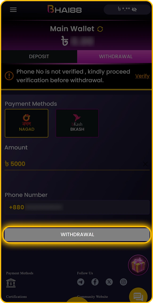 Complete a successful withdrawal to Bhai88.