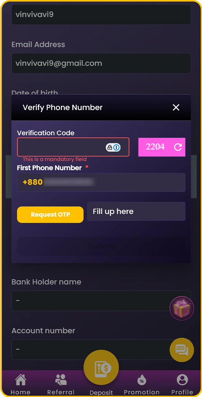 Confirm your phone number to complete your Bhai88 registration.
